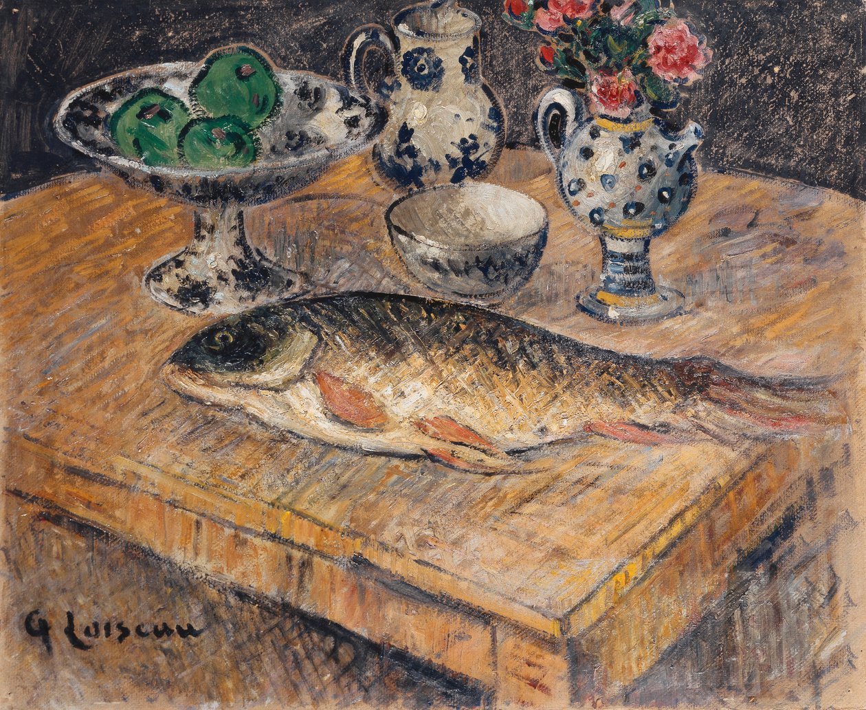 鱼，花和苹果静物画；鱼，花和苹果的静物， 作者 古斯塔夫·洛索（Gustave Loiseau）