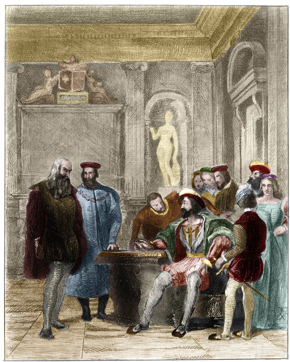 伦纳德-德-芬奇在法国国王弗朗索瓦一世的宫廷里（Leonardo da Vinci alla corte del re di Francia Francesco primo）。19世纪由Gustave Greux绘制的版画。私人收藏。 作者 古斯塔夫·玛丽·格鲁克斯（Gustave Marie Greux）