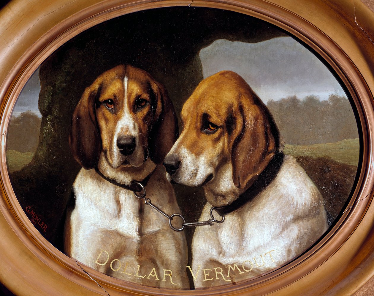 Dogs Dollar and Vermout Portraits of Hunting Dogs. Painting by Gustave Mohler (1836-1920) 1866 Gien, Museum of Hunting. 作者 古斯塔夫·穆勒