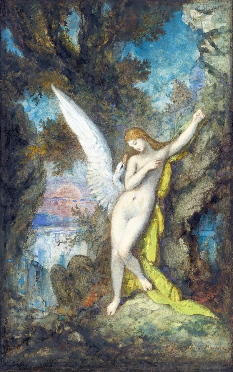 Leda and the Swan par Moreau, Gustave (1826-1898), - 纸上水彩、水粉画, 34,2x22,2 - 私人收藏 作者 古斯塔夫·莫罗（Gustave Moreau）
