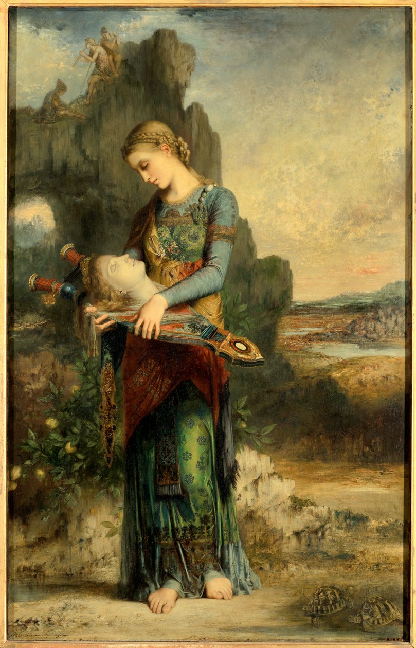 Orphee 一个色雷斯女孩戴着 Orphee 的头。 古斯塔夫·莫罗 (1826-1898) 的绘画。 1865 年，木上油，暗淡。 1,54x0,99 m 巴黎，奥赛博物馆 - 俄耳甫斯。 一个年轻的色雷斯女孩拯救了俄耳甫斯的头颅。 Gustave Moreau (1826-1898) 作画，木版油画 作者 古斯塔夫·莫罗（Gustave Moreau）