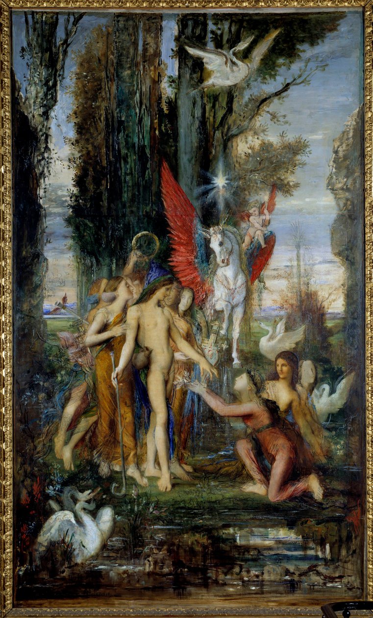 希腊诗人赫西奥德（公元前 8 世纪）和缪斯女神画作 Gustave Moreau（1826-1898）19 世纪，263 x 155 cm 巴黎，Musee Gustave Moreau 作者 古斯塔夫·莫罗（Gustave Moreau）