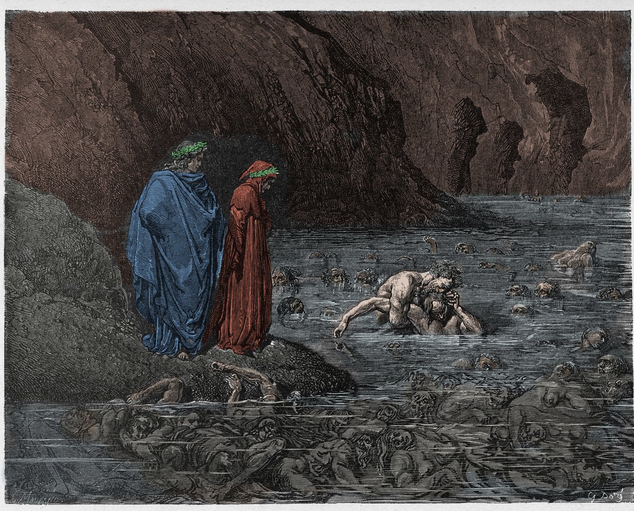 Inferno，Canto 32：Ugolino（Gherardesca的Ugolin）啃大主教Ruggieri（Ruggeri Ubaldini）的头像，来自The Danine Comedy by Dante Alighieri的插图，1885年（数字彩色和 作者 古斯塔夫之后多尔