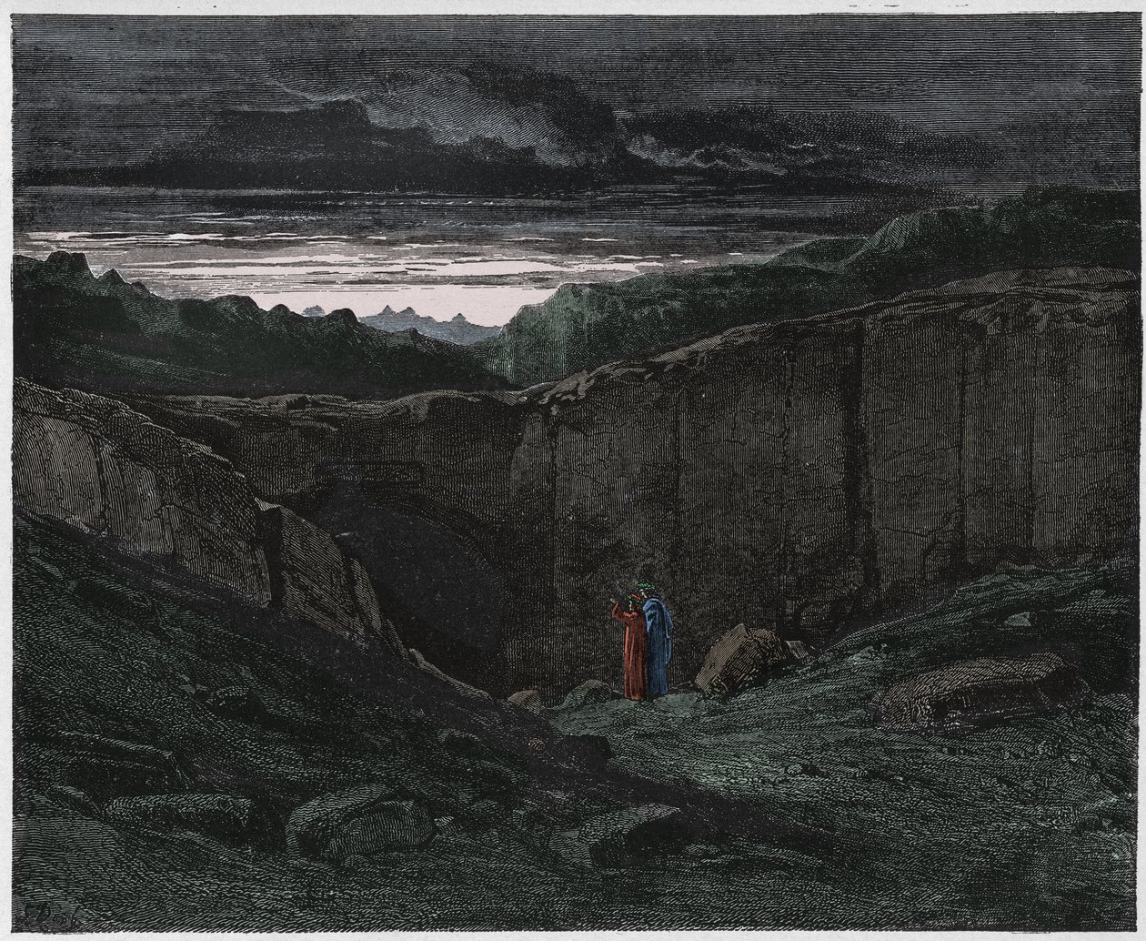 Inferno，Canto 3：Virgil和Dante在地狱之门，插图来自Dante Alighieri的神曲，1885年（数字彩色雕刻） 作者 古斯塔夫之后多尔