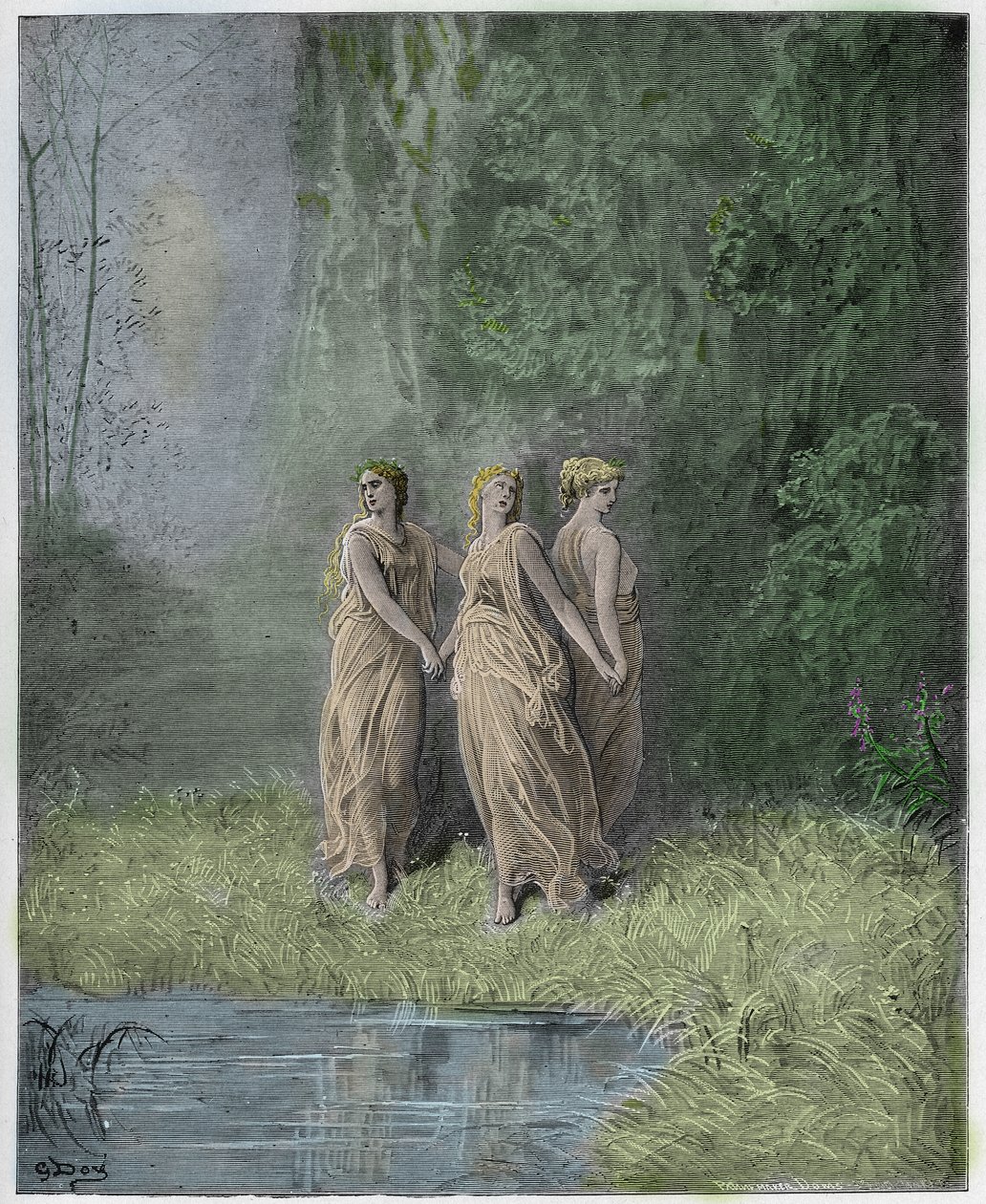 Purgatorio，Canto 29：慈善，希望和信仰，来自Dante Alighieri的The Divine Comedy的插图，1885年（数字彩色雕刻） 作者 古斯塔夫之后多尔
