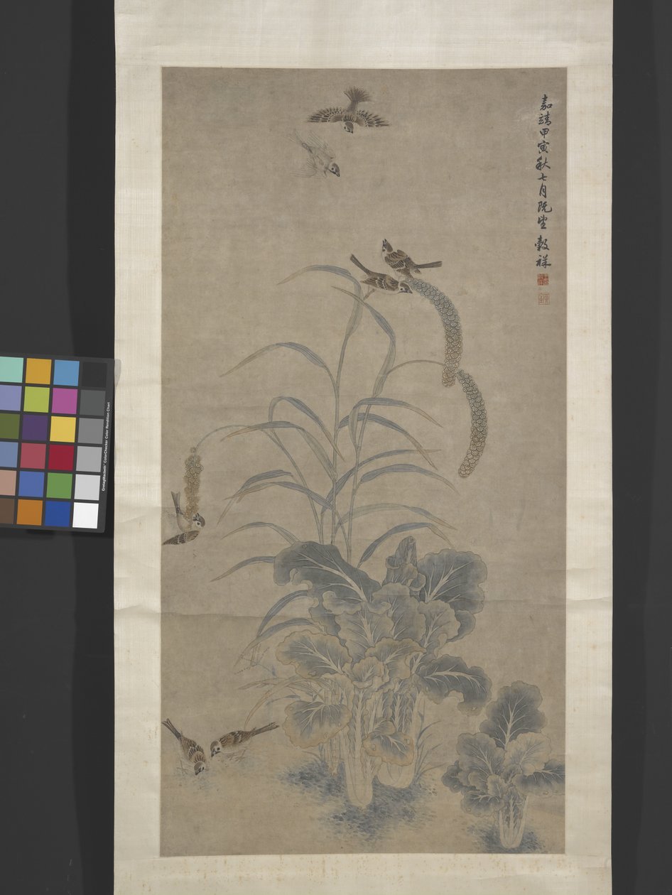 卷心菜、小米和麻雀（纸上水墨和色彩） 作者 王古祥