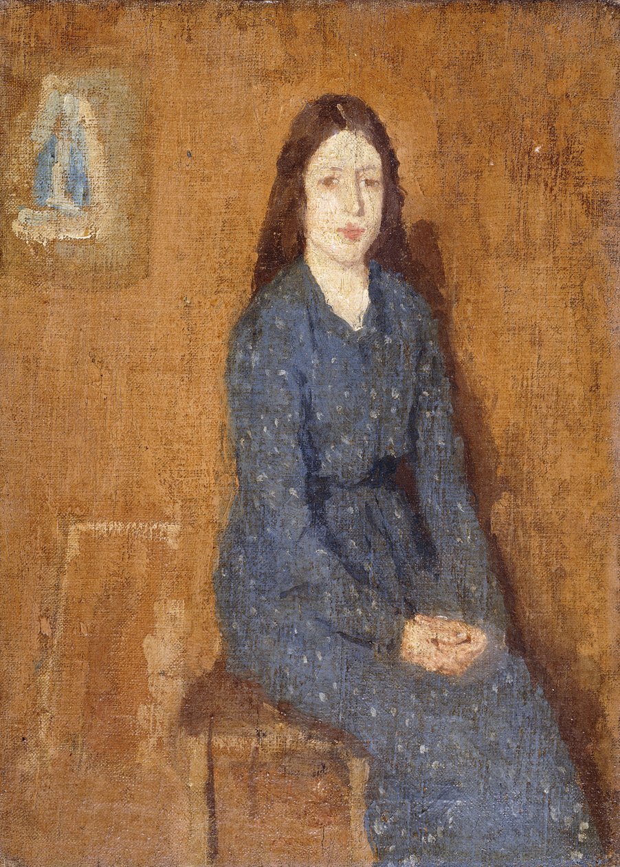 1914-15年，一个穿着斑点蓝色连衣裙的坐着的女孩 作者 格温·约翰
