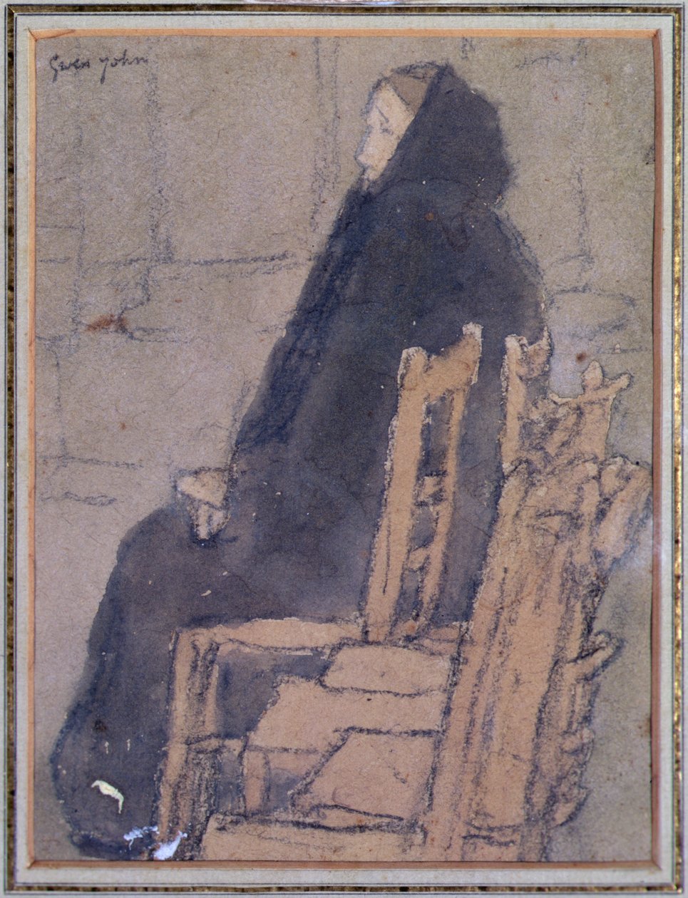 披黑色披肩的老妇人（米色纸上的水彩、体彩和黑色蜡笔画） 作者 格温·约翰