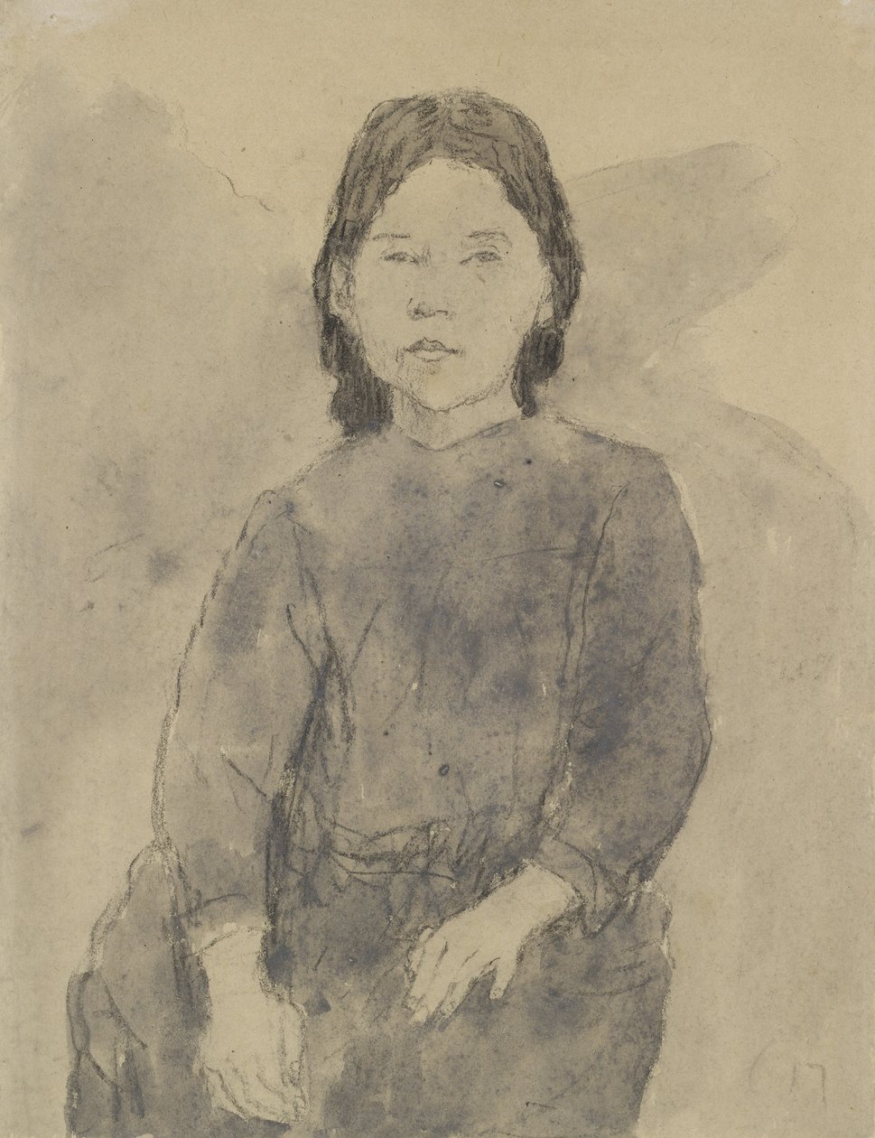 坐着的女孩（Marie Hamonet？）（灰纸上的木炭，灰色洗涤和身体颜色） 作者 格温·约翰