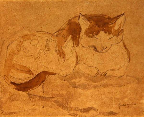睡猫（纸上铅笔和水彩画） 作者 格温·约翰