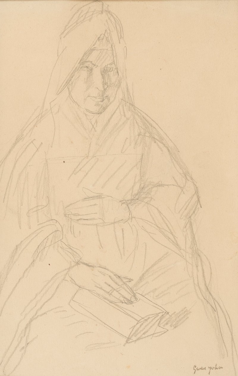 研究Pre Poussepin坐在一张桌子上，c.1915 作者 格温·约翰