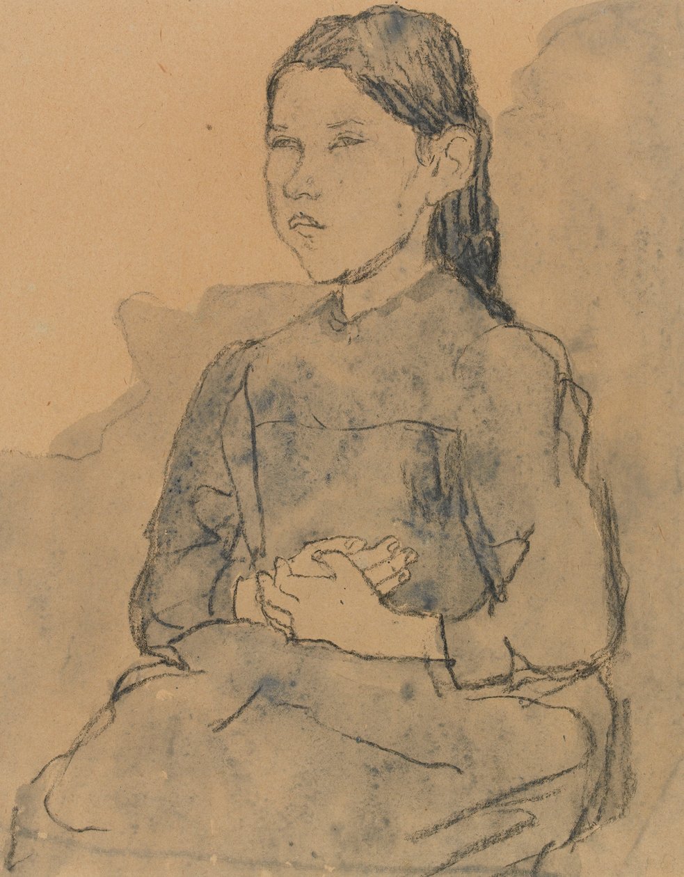 年轻女孩：Marie Hamonet，c.1918（纸上的木炭和蓝色水洗） 作者 格温·约翰