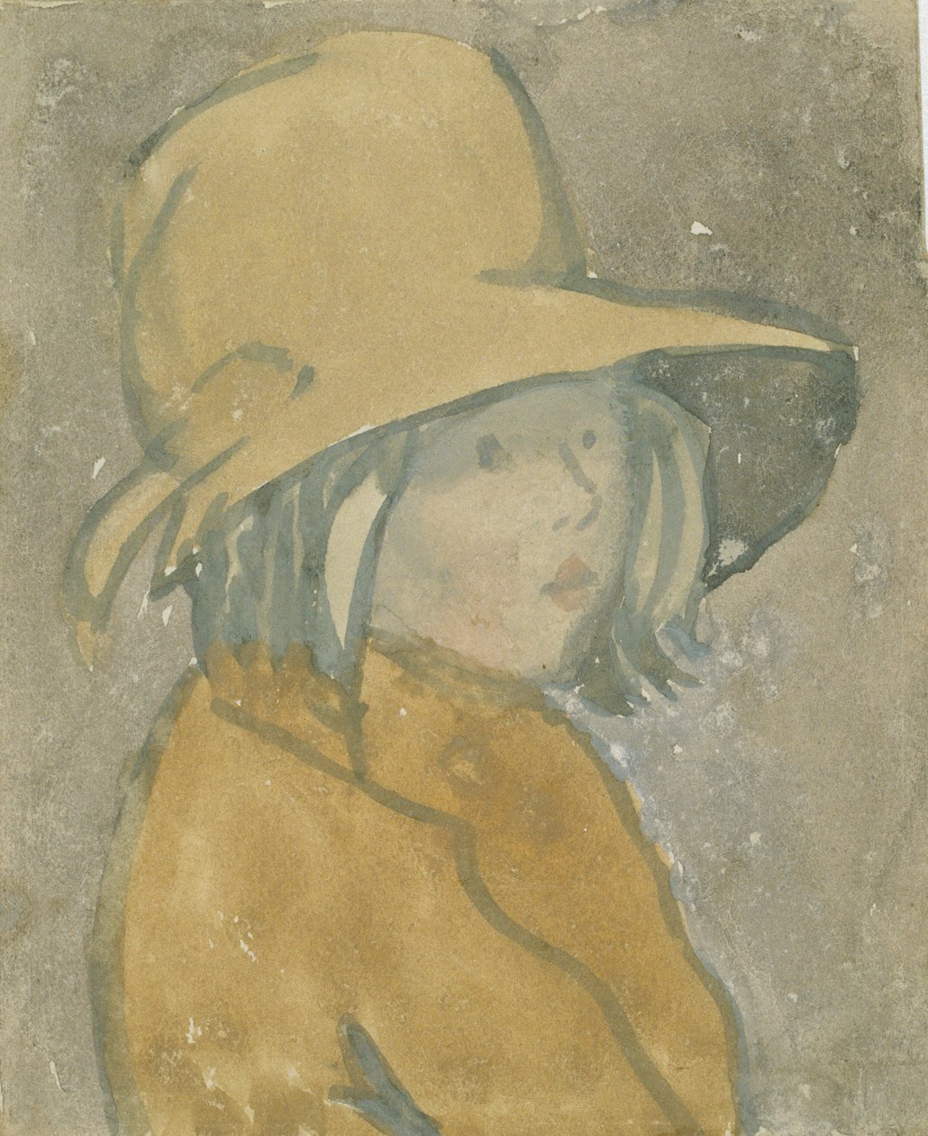 戴棕色帽子、穿棕色大衣的少女（纸面水彩画） 作者 格温·约翰