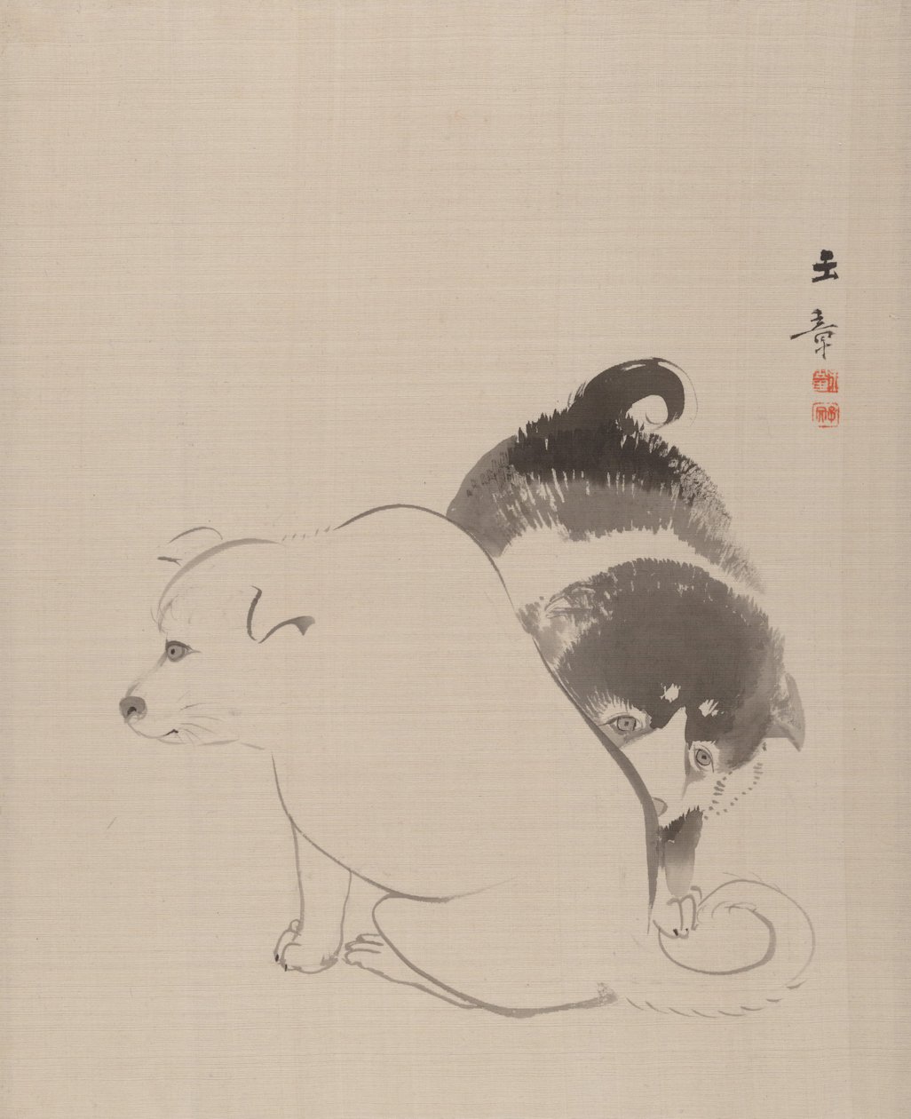 一对小狗，1868年。 作者 川端玉章