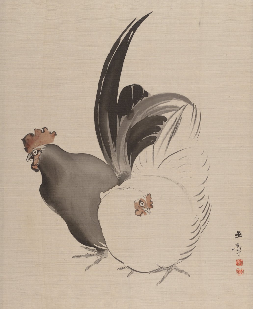 公鸡和母鸡，1887-92。 作者 川端玉章