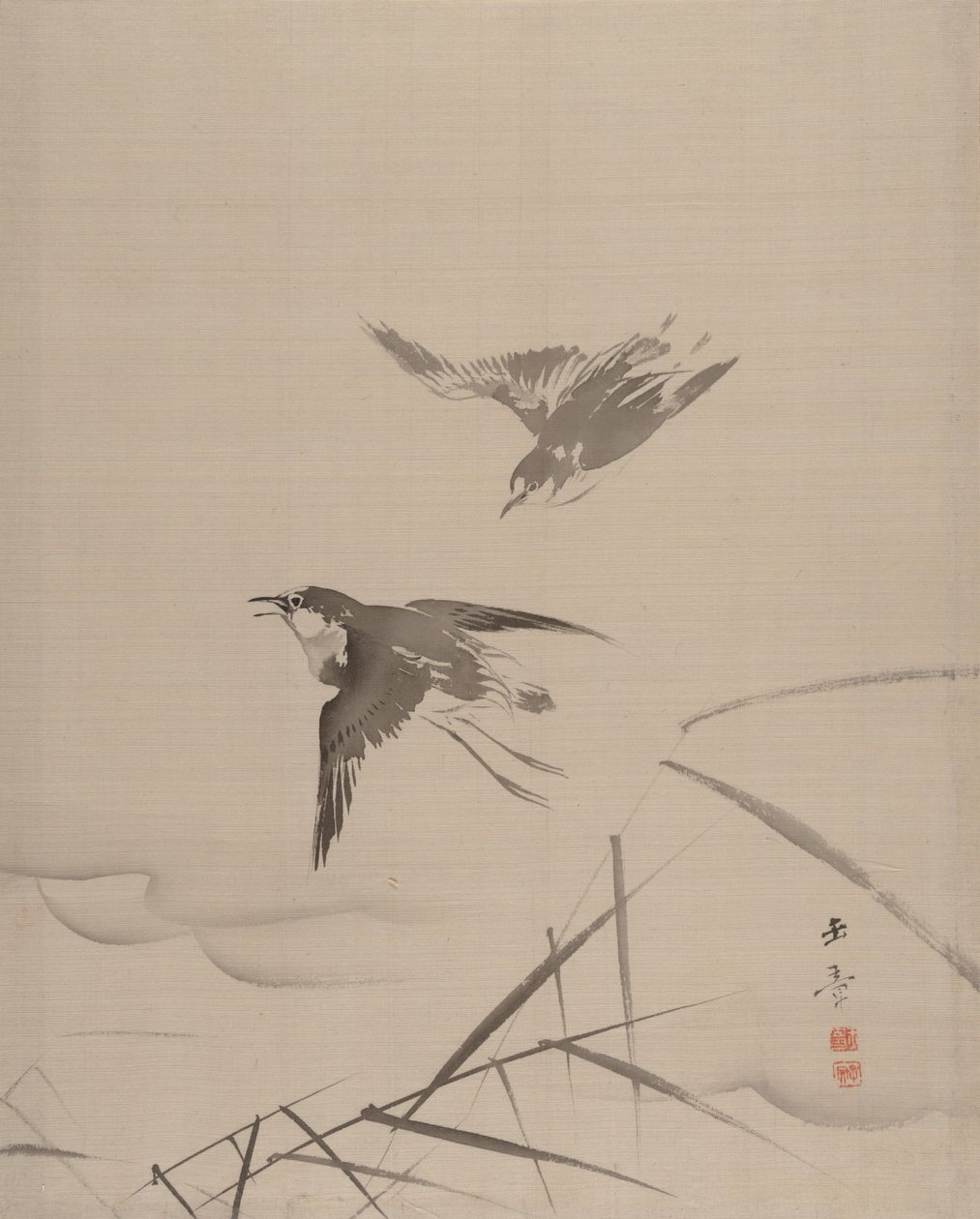 小鸟和竹子，1887-92。 作者 川端玉章