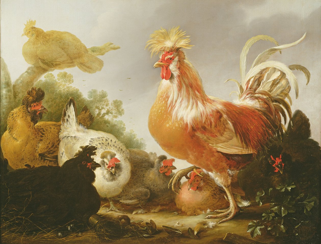 公鸡和母鸡在风景中，1649年 作者 吉斯伯特·洪德科特