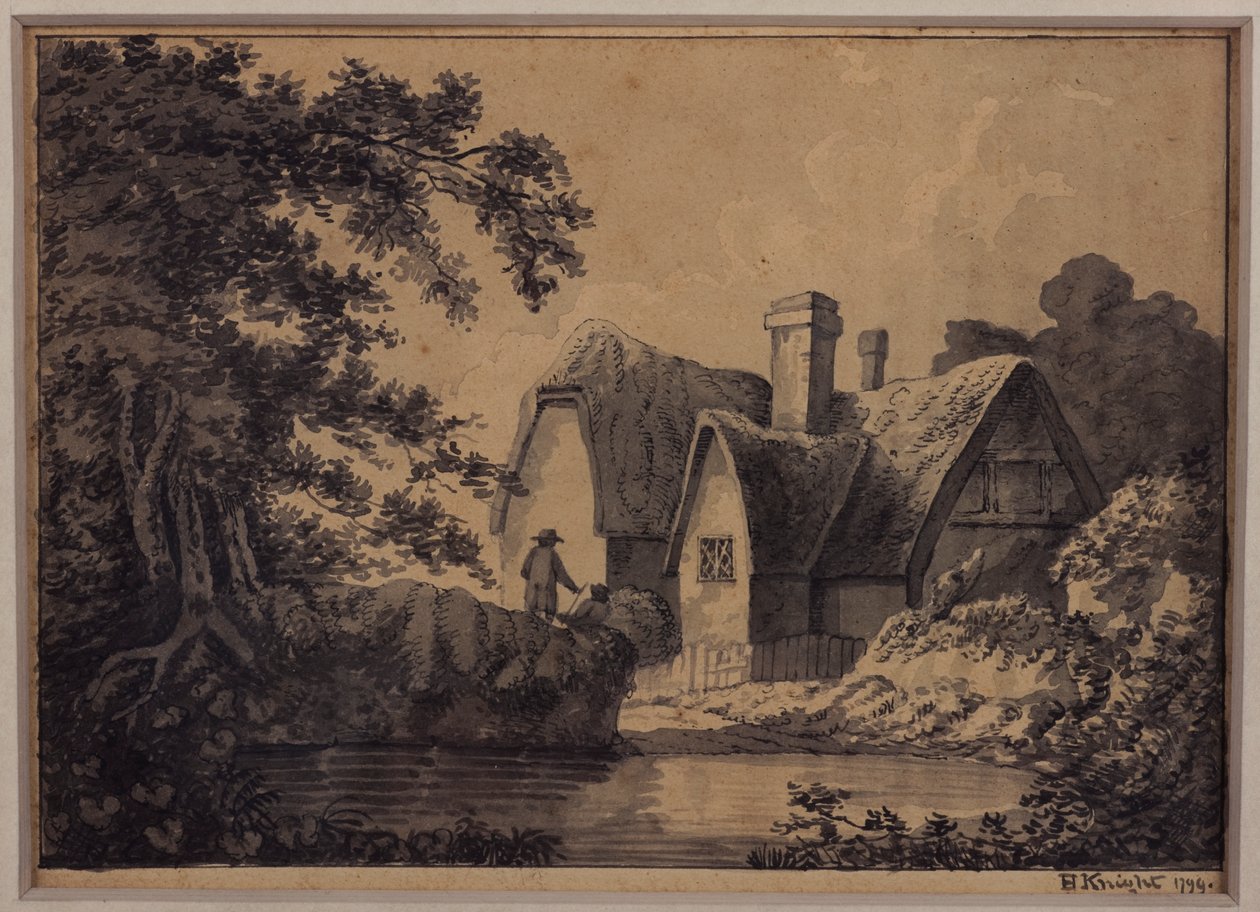 两个由景观中的小屋，1799（铅笔，墨水和纸上洗） 作者 H·奈特
