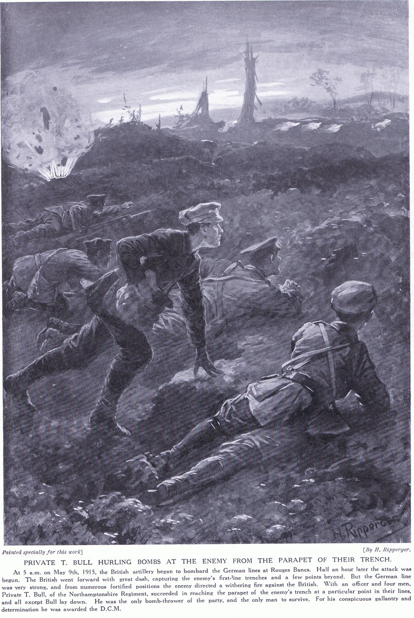 私人T Bull在1915年5月在Rouges Banc的壕沟栏杆上向敌人投掷了一枚DCM投掷炸弹 作者 里珀格