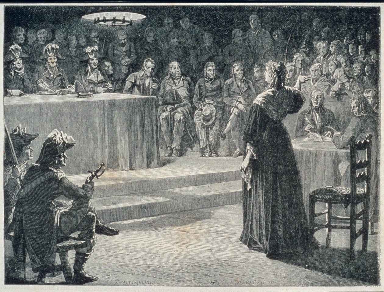 Marie-Antoinette于1793年面对革命法庭，由Theodor Meyer-Heine雕刻 作者 夏勒（H. de la Charlerie）