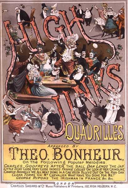 由Theo Bonheur编排的 "High Jinks Quadrilles "乐谱的封面（彩色平印）。 作者 HG银行