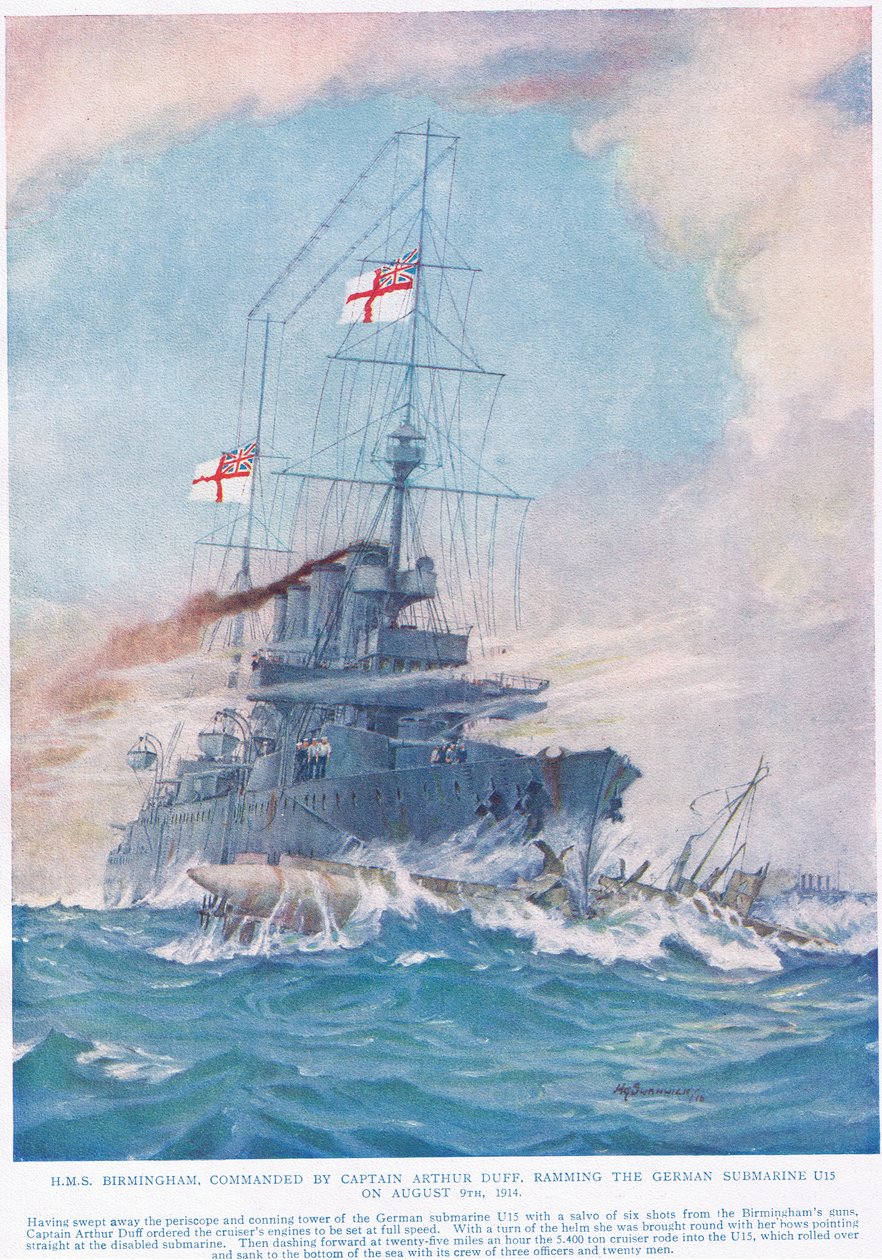 1914年8月9日，英国伯明翰队长亚瑟·达夫上尉指挥德国潜艇U15，这是由Hutchinson und Co.出版的“Thrill the Empire”事件的插图，c.1920（color li） 作者 HG斯旺威克