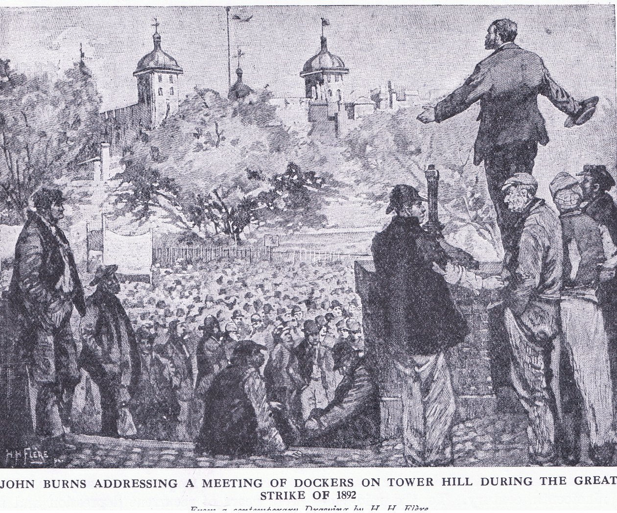 约翰·伯恩斯在1892年的大罢工期间在塔山举行的码头工人会议上发表讲话，这是由Waverley Book Company Limited出版的“卡塞尔斯英国人史”，c.1940 作者 弗莱尔（HH Flere）