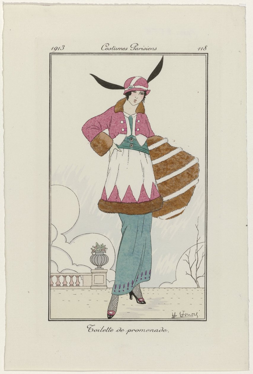 Journal des Dames et des Modes：时尚插画家 女士与时尚杂志：时尚新闻 《Journal des Dames et des Modes》，巴黎服装，1913 年，第 118 期：长廊厕所 作者 H荣誉