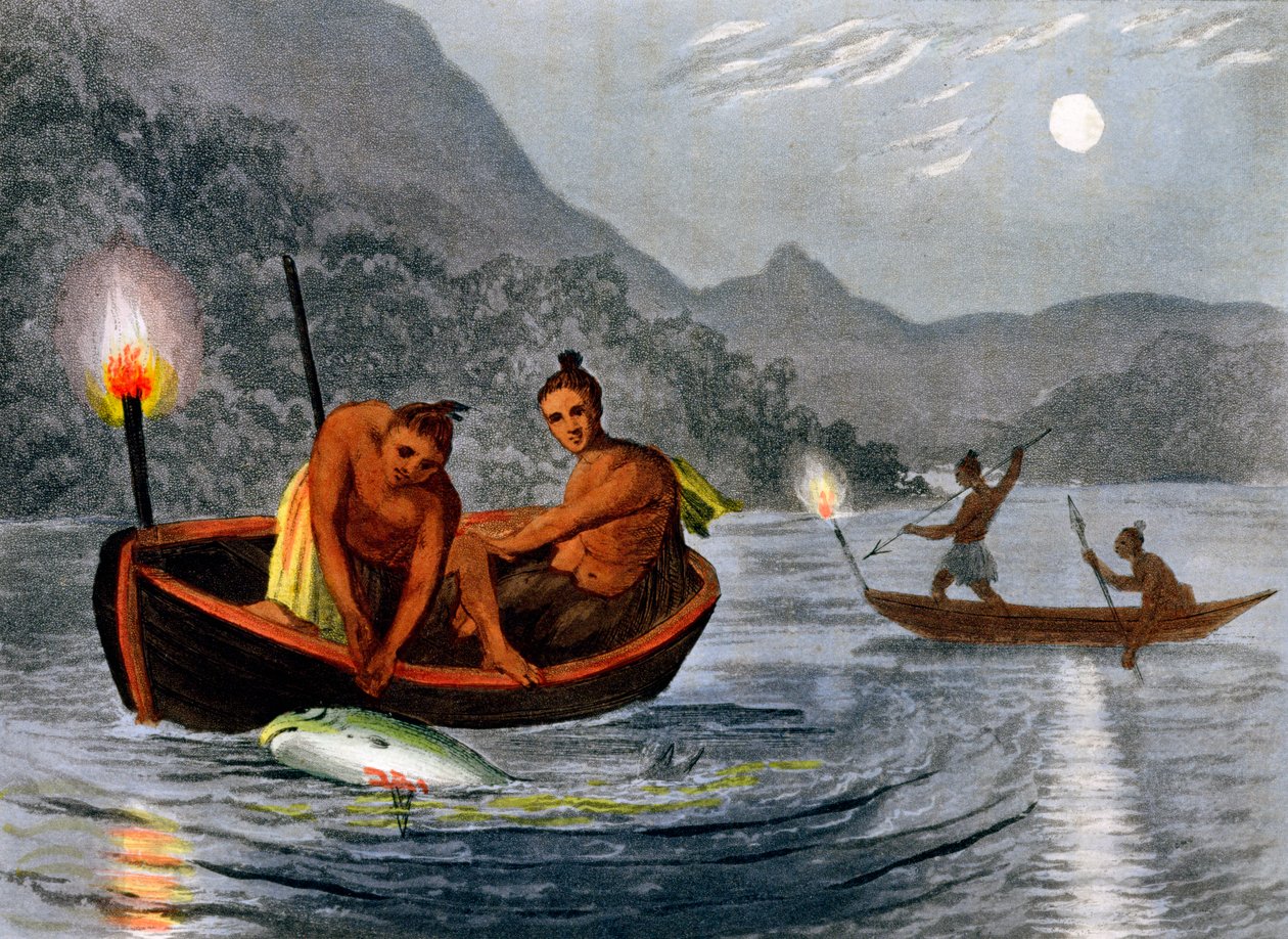 北美土著人在火炬灯下捕鱼，1813年 作者 H 通知