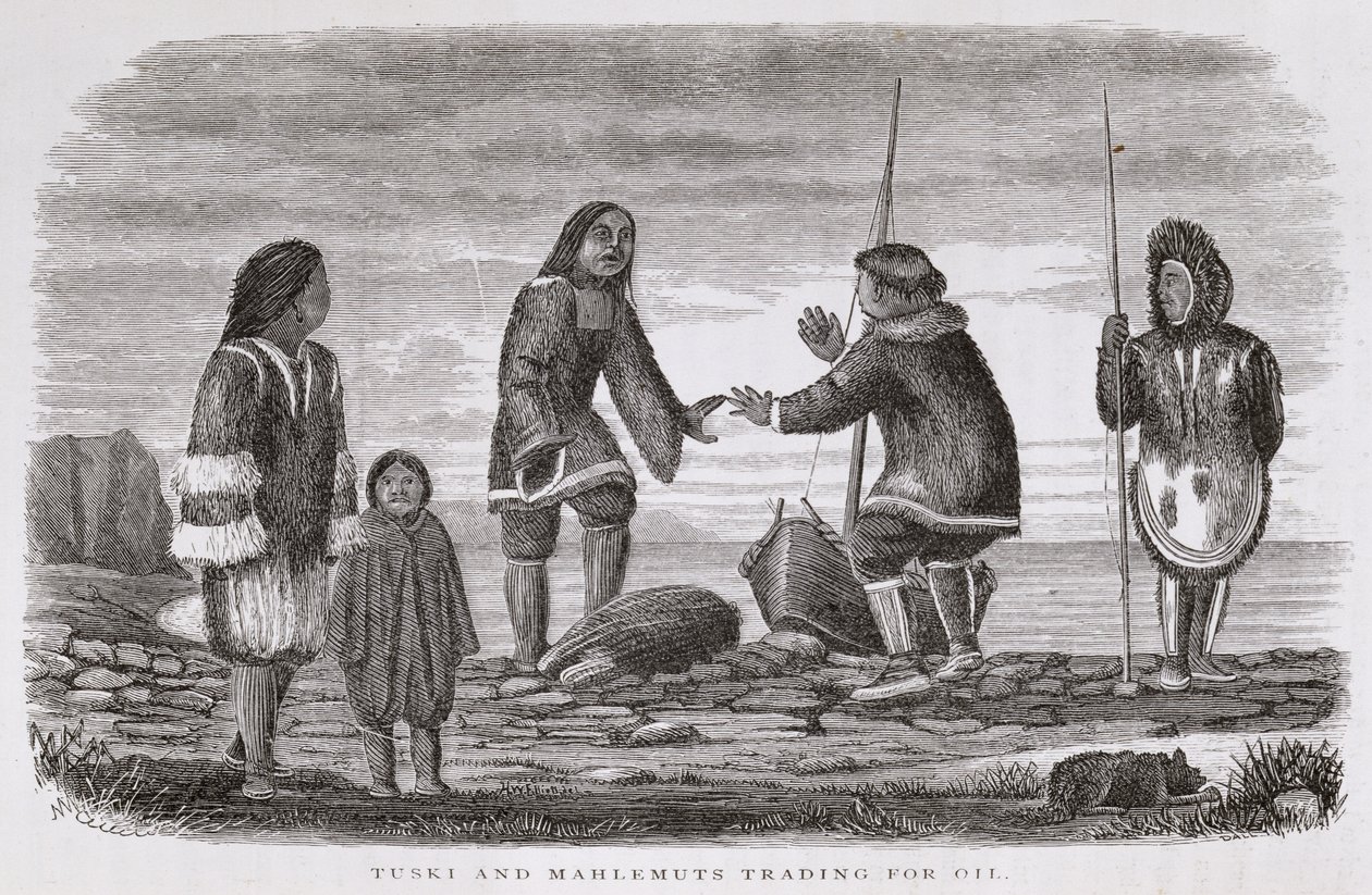 来自&39;Alaska及其资源&39;的Tuski和Mahlemuts Trading for Oil，由William H. Dall撰写，由John Andrew，酒吧雕刻。 1870 作者 硬件，艾略特