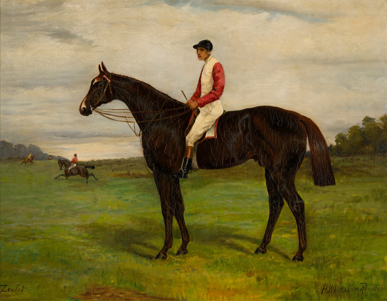 狂热者一匹海湾赛马和骑师，c.1871-1933（布面油画） 作者 H·惠特克·雷维尔