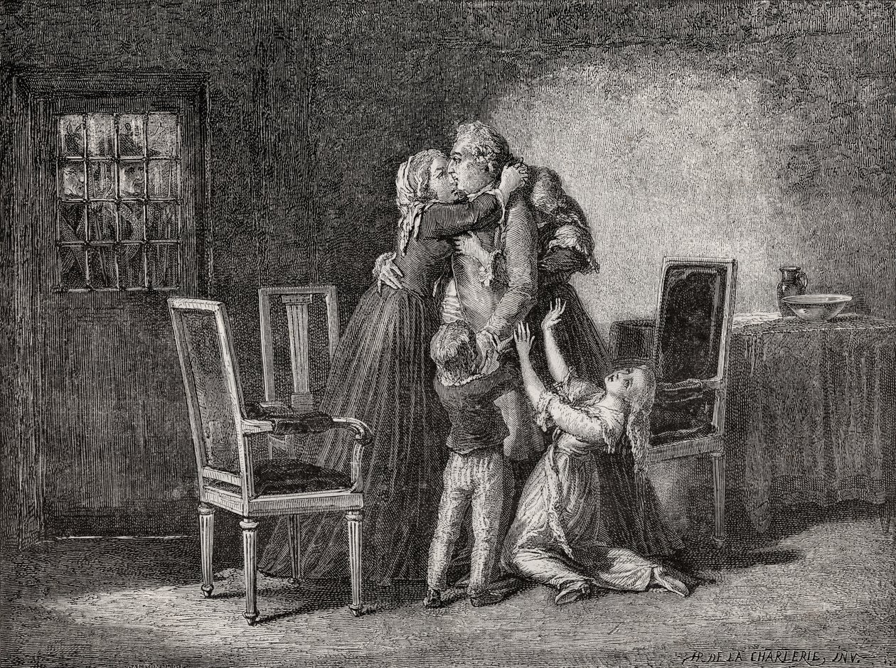 皇家全家最后的告别，1793年1月20日，由Carbonneau雕刻，来自Louis Blanc的“Histoire de la Revolution Francaise”（1811-82） 作者 夏勒（H. de la Charlerie）