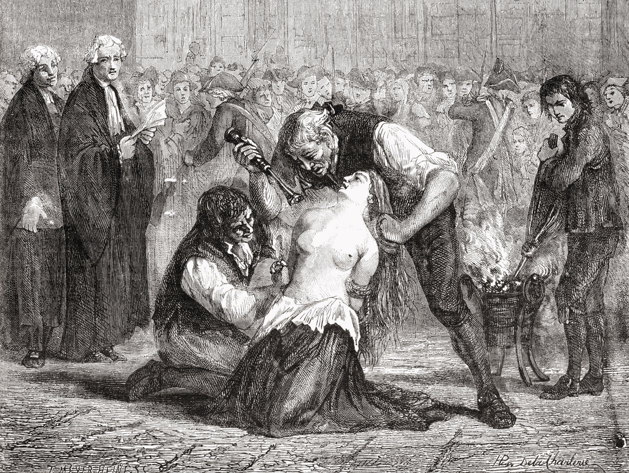 由Meyer-Heine雕刻的德拉莫特夫人的酷刑，来自Louis Blanc的“Histoire de la Revolution Francaise”（1811-82） 作者 夏勒（H. de la Charlerie）