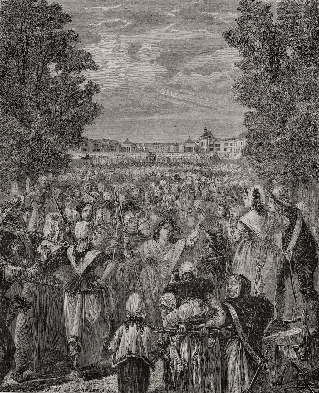妇女在1789年10月5日至6日在凡尔赛宫进行游行，由Pannemaker-Ligny雕刻，来自Louis Blanc的“Histoire de la Revolution Francaise”（1811-82） 作者 夏勒（H. de la Charlerie）