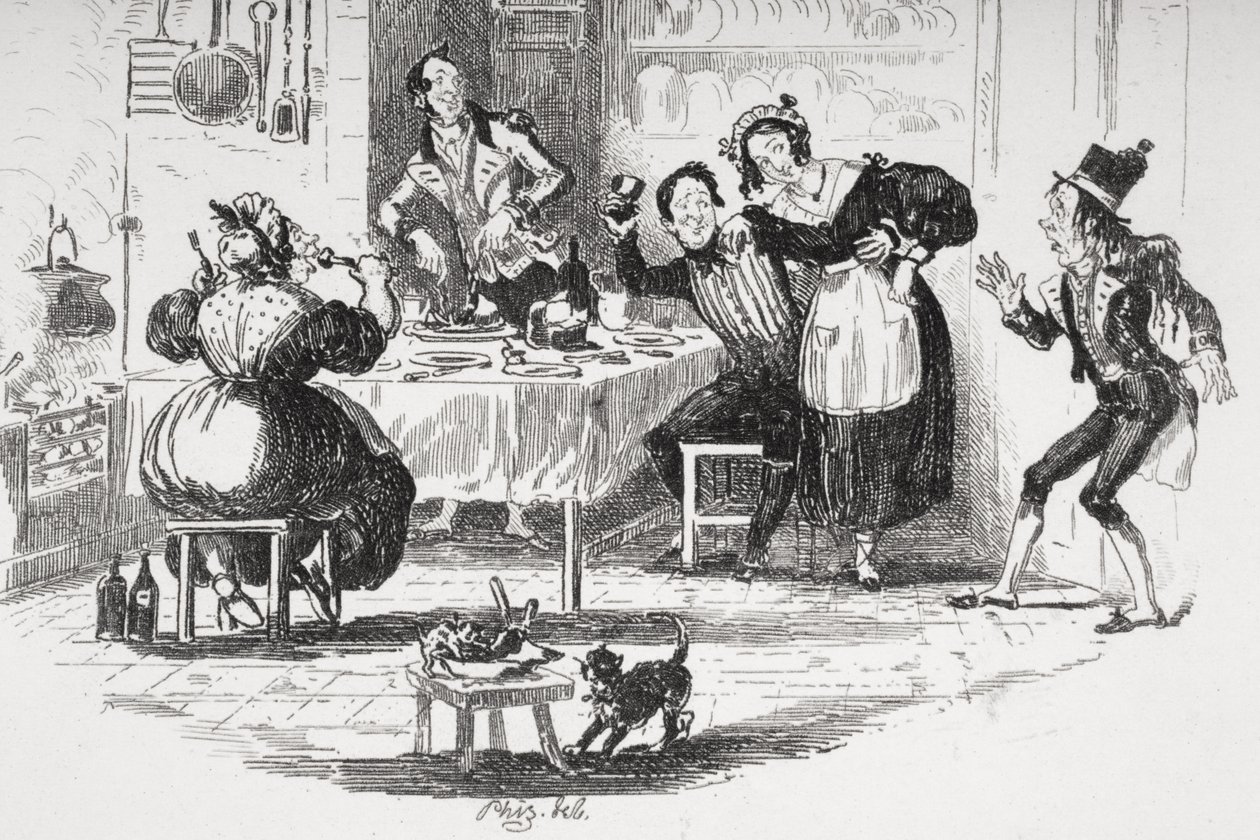 Job Trotter在Muzzle先生的厨房遇到Sam，查尔斯·狄更斯（1812-70）的“The Pickwick Papers”插图于1837年出版（另见259101） 作者 Hablot骑士布朗