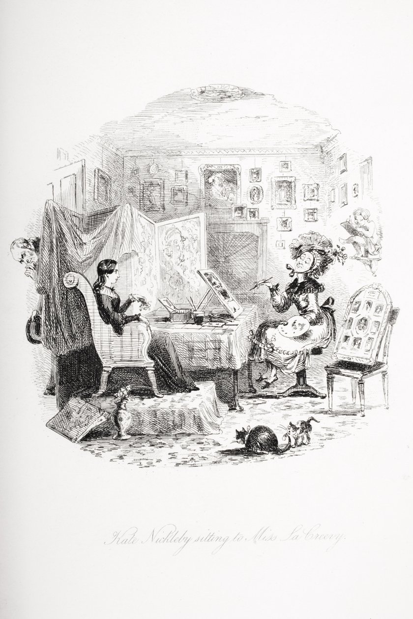 Kate Nickleby坐在La Creevey小姐身边，来自查尔斯狄更斯（1812-70）的“Nicholas Nickleby”插图发表于1839年 作者 Hablot骑士布朗