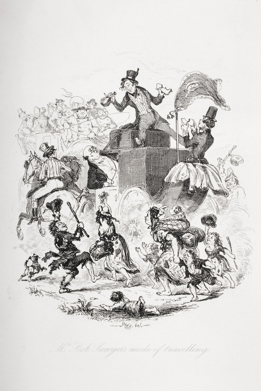 鲍勃·索耶先生的旅行方式，查尔斯·狄更斯（1812-70）的“匹克威克论文”插图1837年出版 作者 Hablot骑士布朗