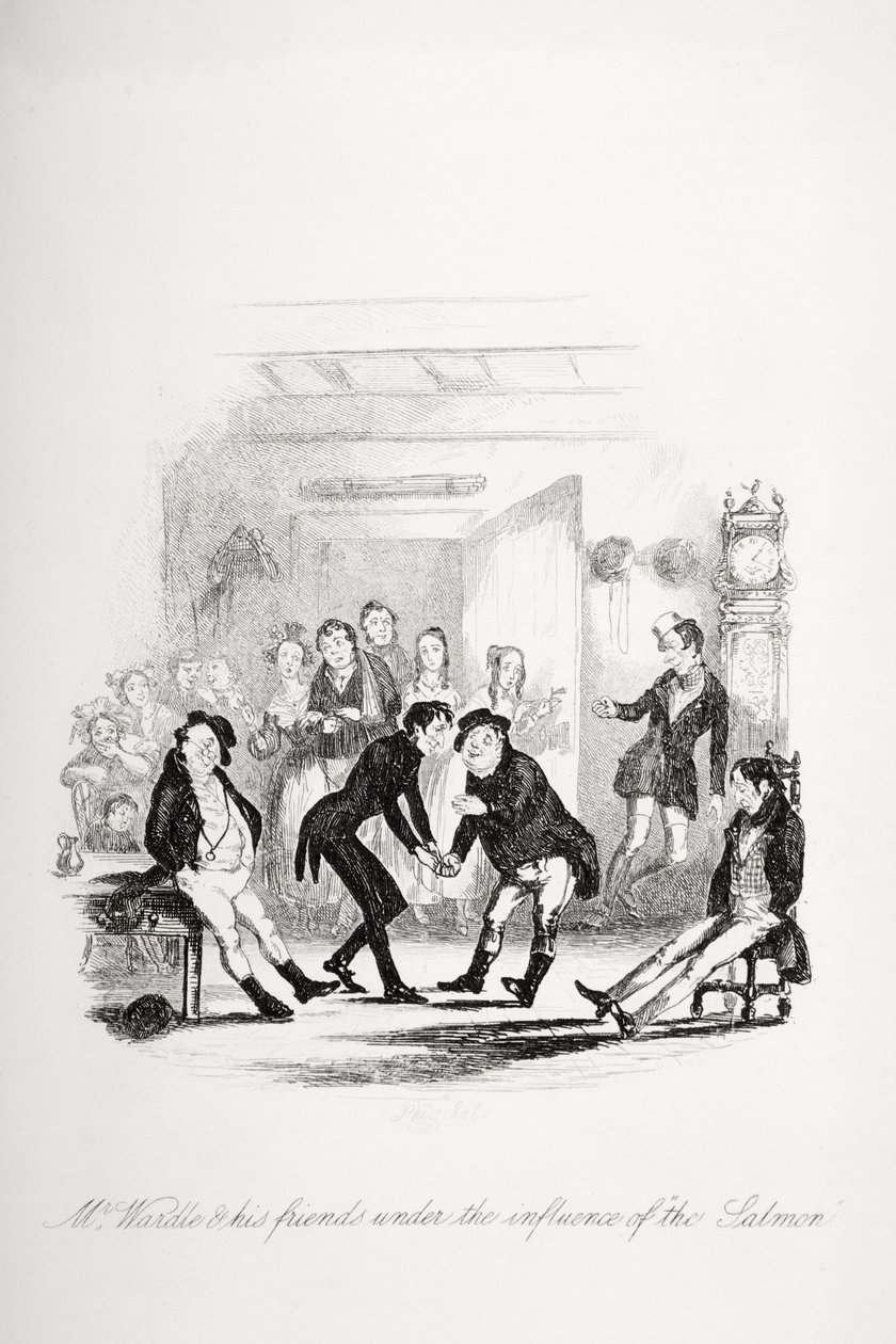 沃德尔先生和他的朋友受鲑鱼的影响，查尔斯狄更斯（1812-70）的“匹克威克论文”插图发表于1837年 作者 Hablot骑士布朗