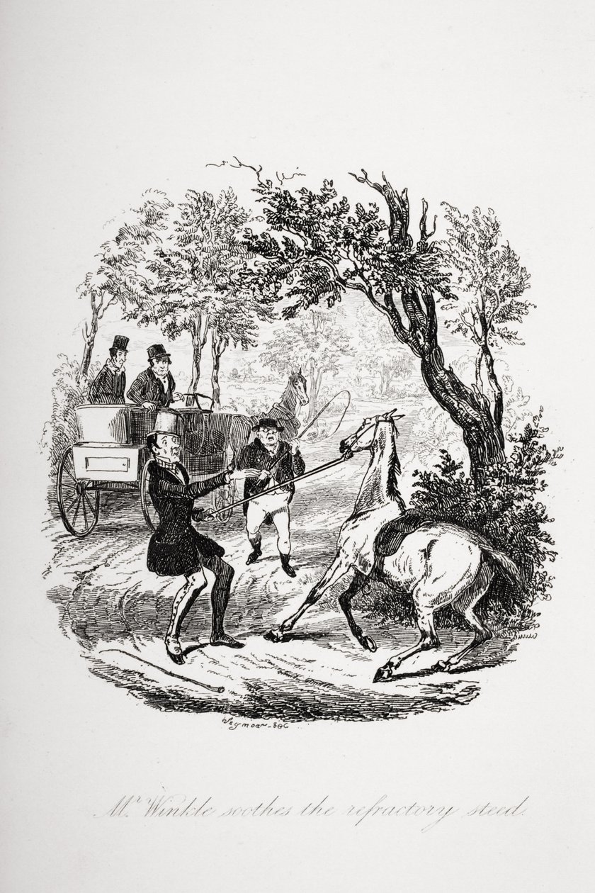 温克尔先生抚慰了耐火的骏马，查尔斯·狄更斯（1812-70）于1837年发表的“匹克威克论文”中的插图 作者 Hablot骑士布朗