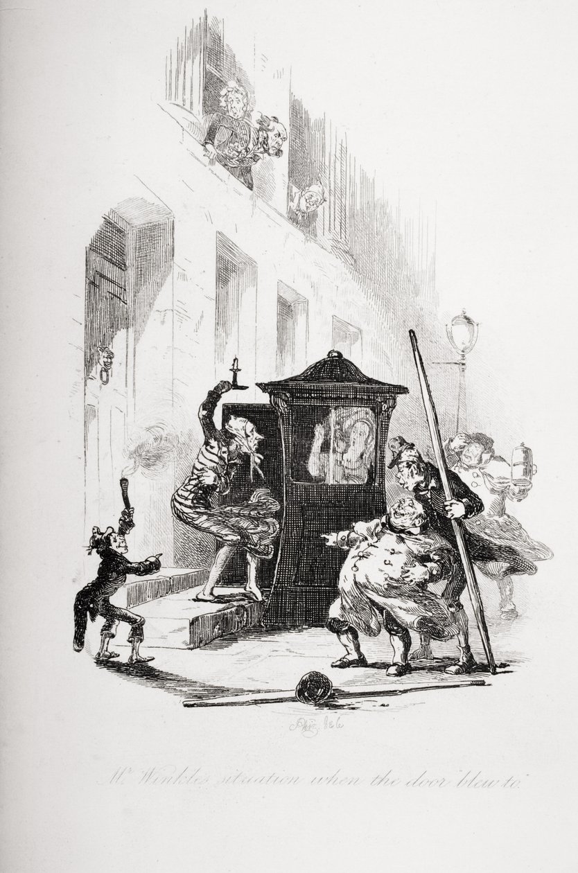 Winkle先生的门被吹响的情况，来自查尔斯狄更斯（1812-70）的“The Pickwick Papers”的插图于1837年出版 作者 Hablot骑士布朗