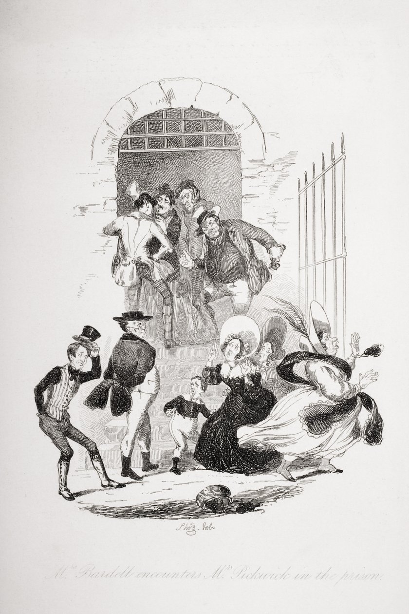巴德尔夫人在监狱遇到匹克威克先生，查尔斯狄更斯（1812-70）于1837年出版的“匹克威克论文”插图 作者 Hablot骑士布朗