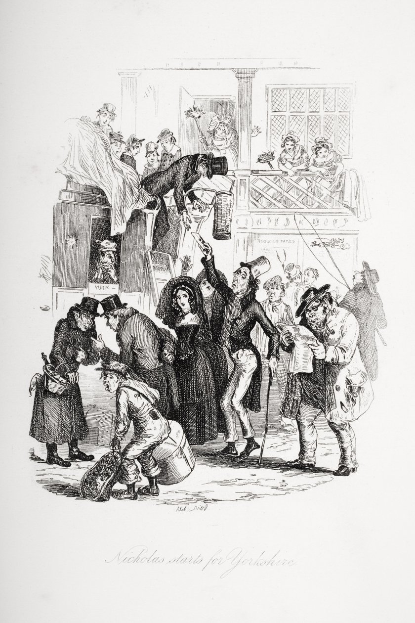 尼古拉斯出演约克郡，1853年查尔斯·狄更斯（1812-70）出版的“尼古拉斯·尼克勒比”插图 作者 Hablot骑士布朗