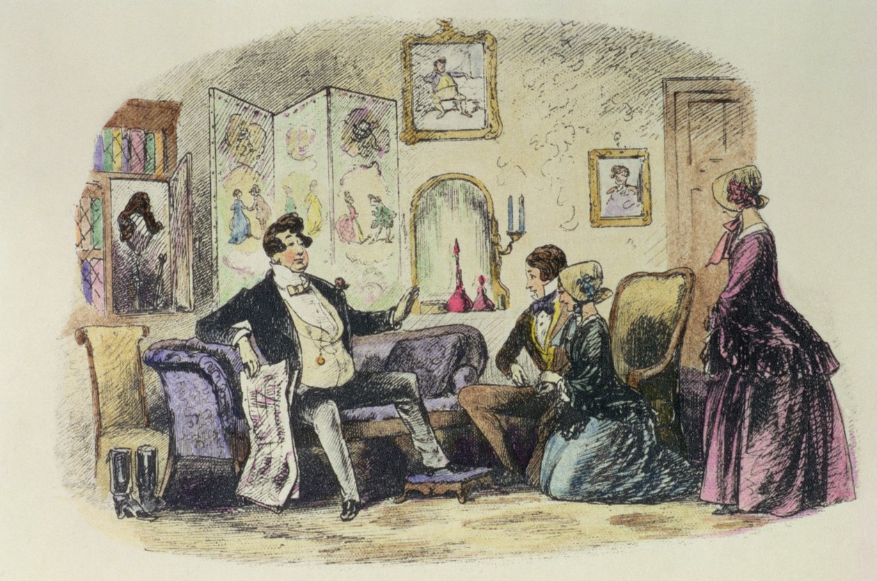 当Turveydrop宣布与Esther Summerson订婚时，他的儿子和儿媳恭维，查尔斯·狄更斯（1812-70）1853年的“荒凉之家”插图（颜色en 作者 Hablot骑士布朗