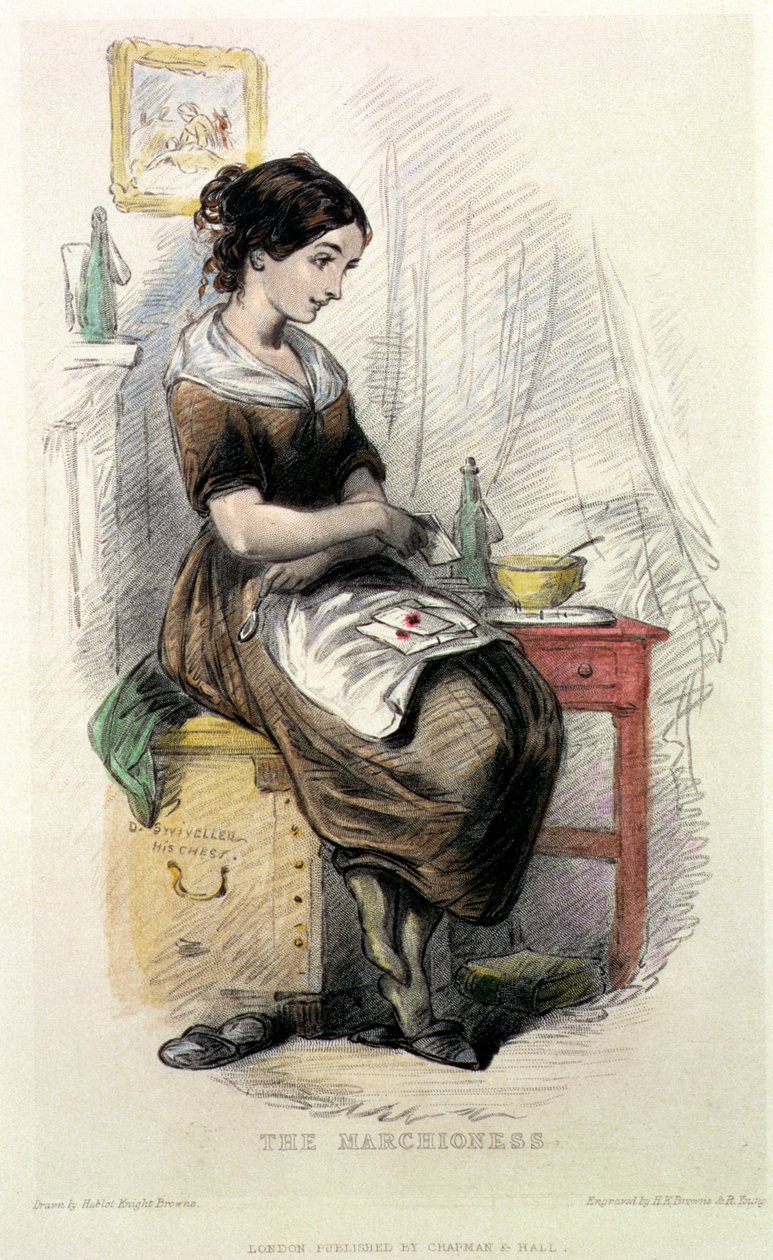 侯爵夫人，由查尔斯狄更斯（1812-70）绘制的“The Old Curiosity Shop”（1841年）插图，由Hablot Knight Browne（1815-92）和R. Young（彩色版画）刻。 作者 Hablot骑士布朗
