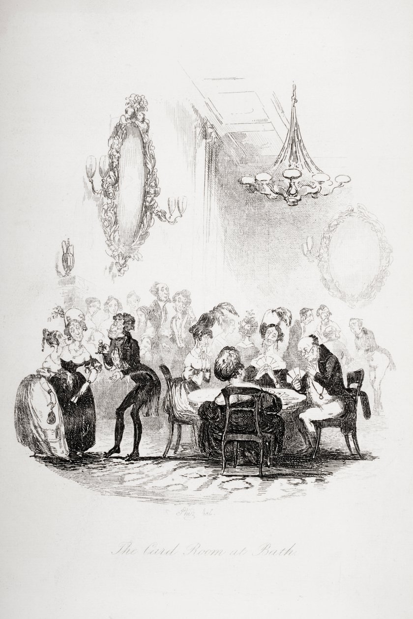 巴斯的卡片室，来自`The Pickwick Papers&39;的插图，由查尔斯狄更斯（1812-70）出版，1837年出版 作者 Hablot骑士布朗