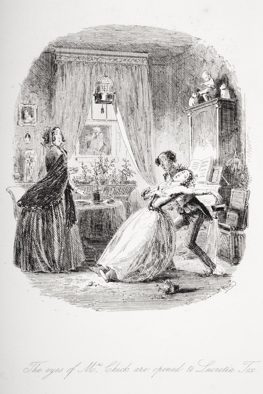 Chick夫人的眼睛向Lucretia Tox开放，Charles Dickens（1812-70）于1848年首次出版的“Dombey and Son”插图 作者 Hablot骑士布朗