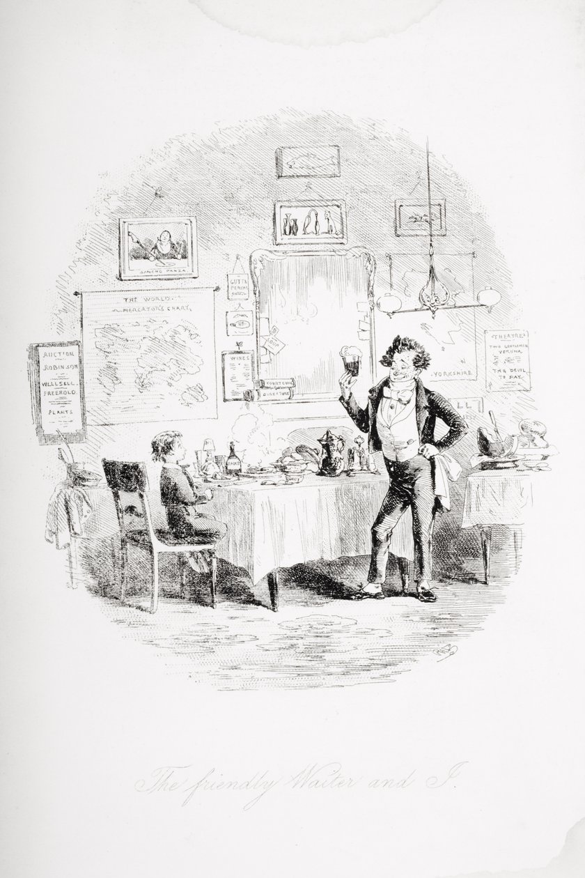 友好的服务员和我，来自查尔斯狄更斯（1812-70）的“大卫科波菲尔”的插图首次出版于1850年 作者 Hablot骑士布朗