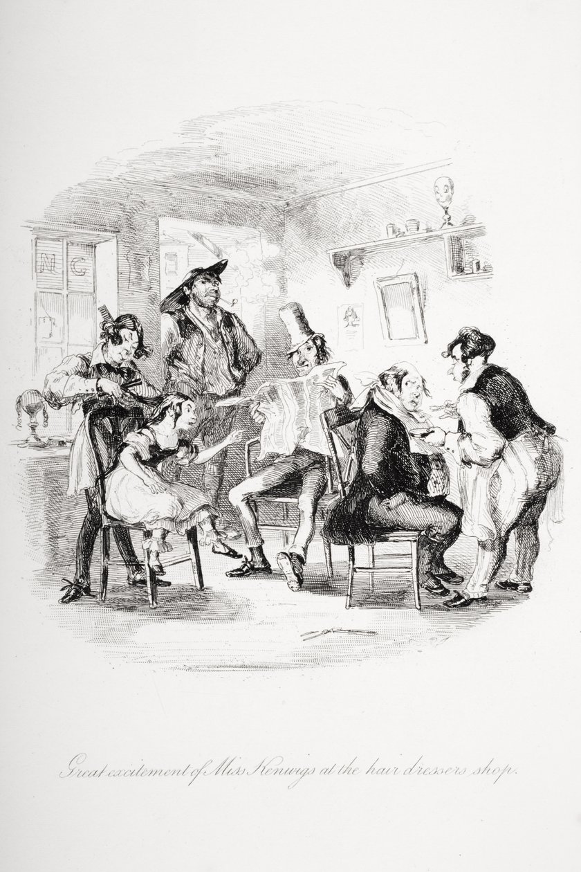 Kenwigs小姐在美发店里非常兴奋，查尔斯·狄更斯（1812-70）的“Nicholas Nickleby”插图发表于1839年（版画） 作者 Hablot骑士布朗