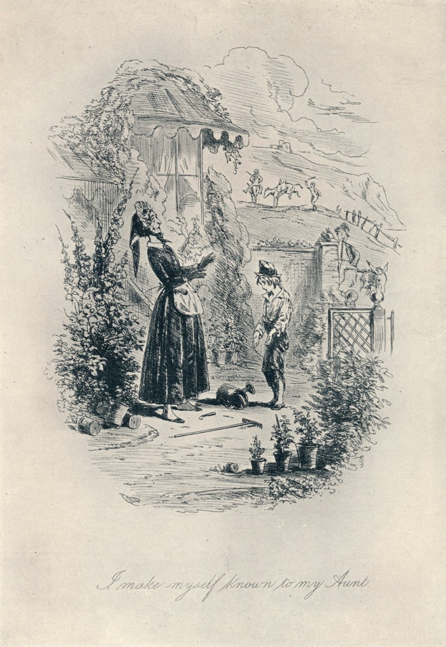 我让姨妈知道自己。 1923年，大卫·科波菲尔（David Copperfield）蚀刻，c1840-1880年 作者 Hablot骑士布朗