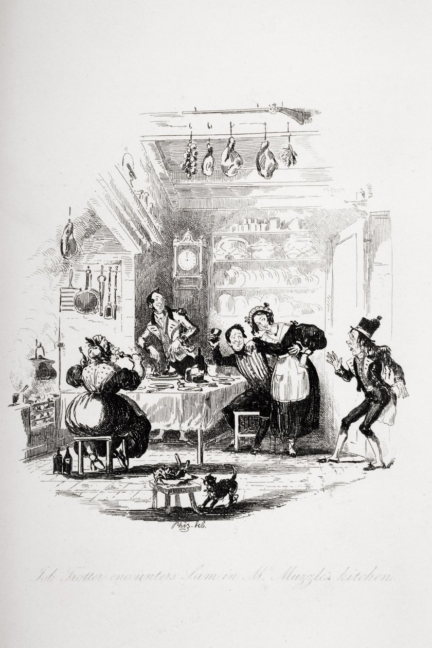 Job Trotter在Muzzle先生的厨房遇到Sam，查尔斯狄更斯（1812-70）的“The Pickwick Papers”插图于1837年出版（另见259100） 作者 Hablot骑士布朗